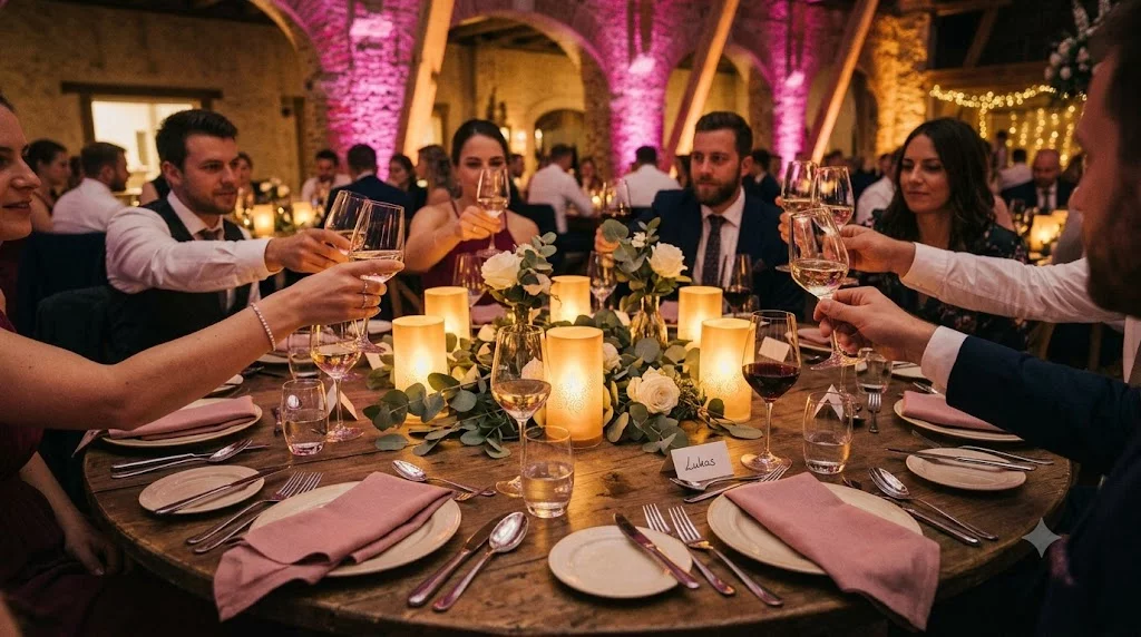 Hochzeitstafel mit warmer Akku-Beleuchtung und passender Tischdekoration in einem bayerischen Festsaal