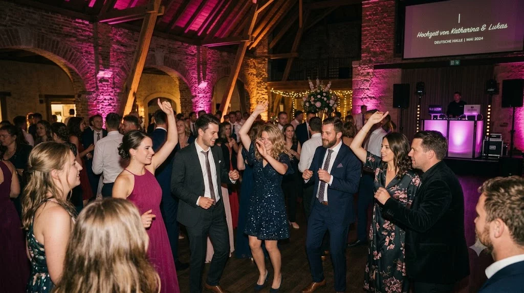 Tanzfläche mit farbigen Lichteffekten und feiernden Gästen auf einer Hochzeit in Bayern