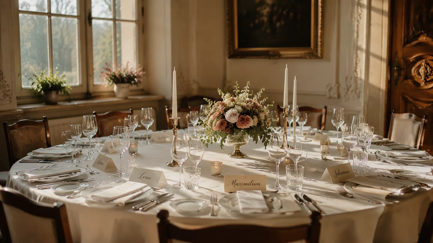 Gedeckter Hochzeitstisch für eine kleine Gruppe in bayerischer Schlosskulisse, warmes Abendlicht durch Fenster