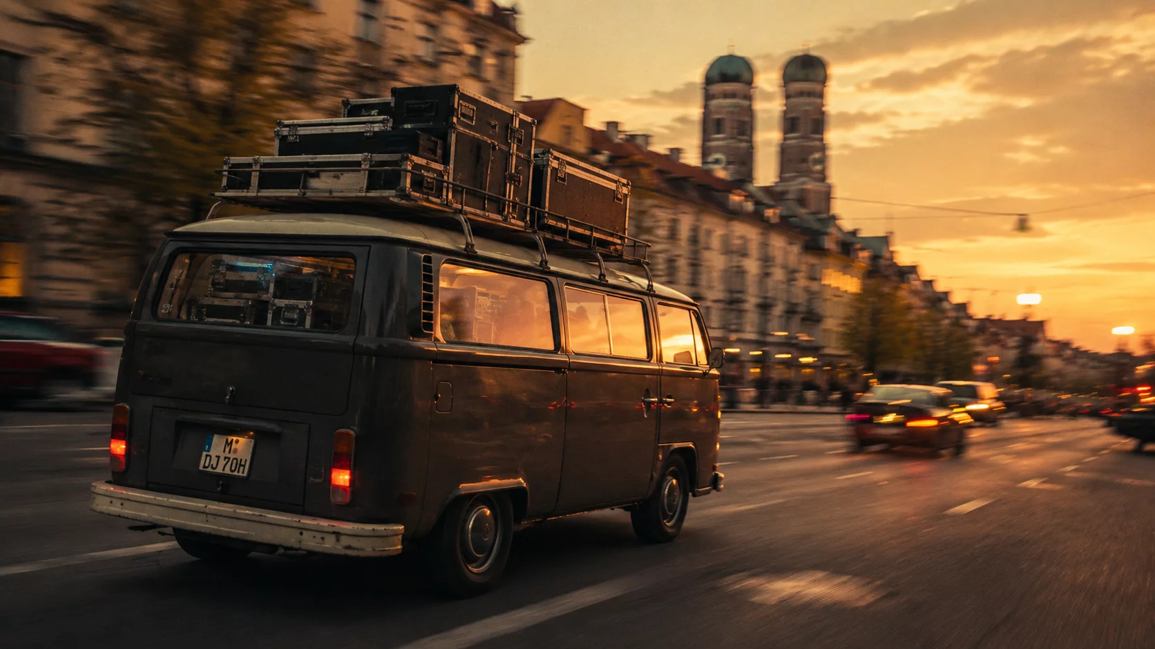 DJ-Equipment wird in einen Van geladen, mehrere Kisten und Koffer, schnelle Arbeit