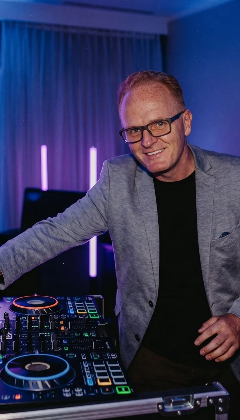 Michael Zimmermann am DJ-Pult, laechelnd im Elegant-Look - beats per micha