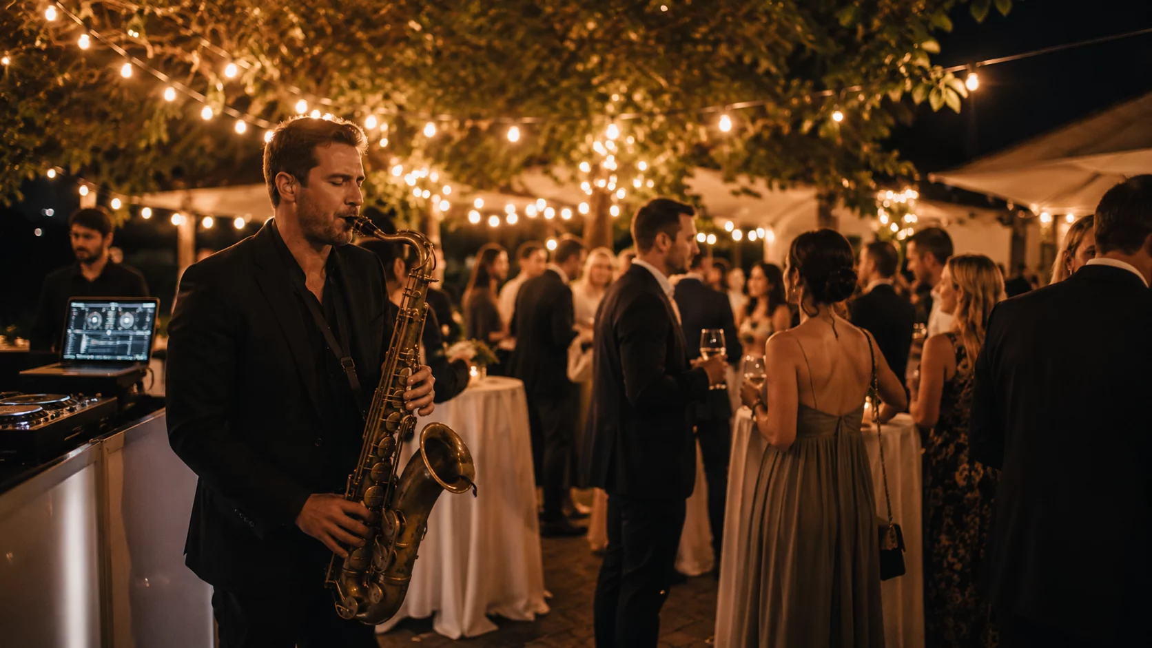Saxophonist in schummrigem Licht auf Hochzeitsfest während Gäste zuschauen