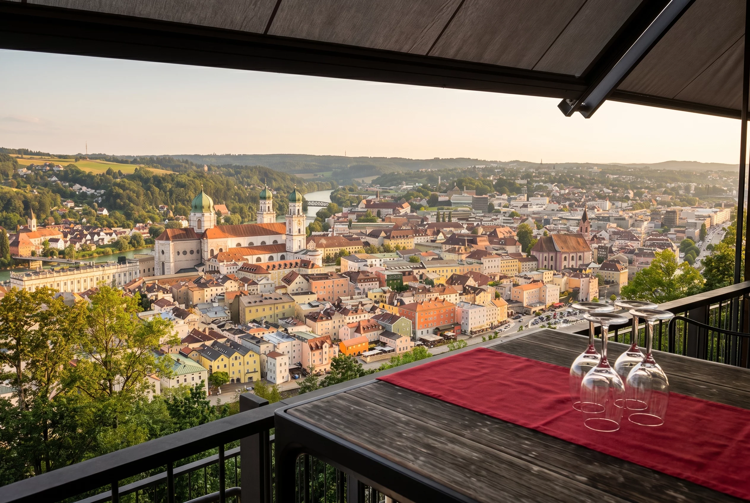 Panoramablick von der Terrasse des Oberhaus auf die Altstadt von Passau