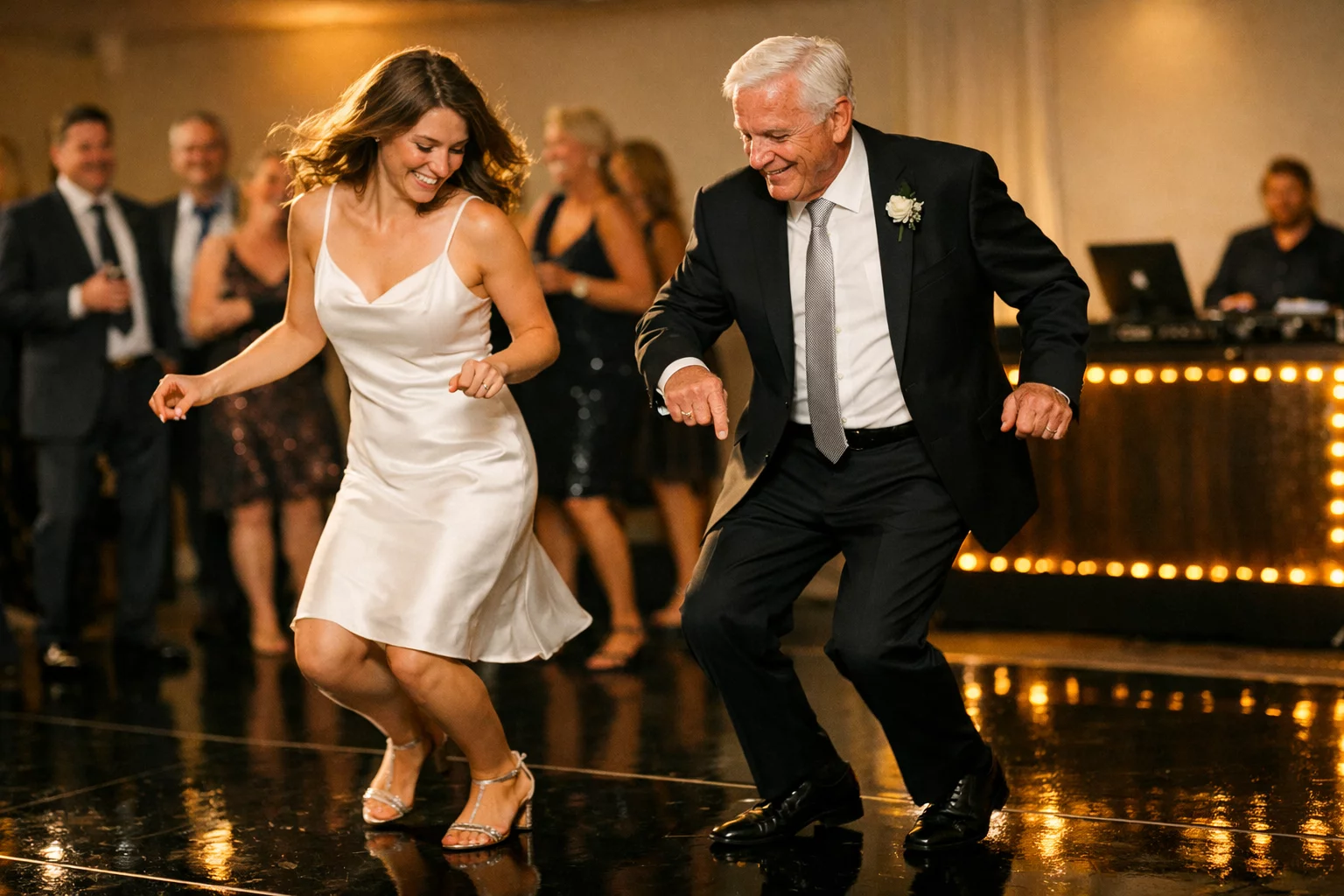 Ältere Hochzeitsgäste tanzen begeistert auf einer Hochzeit in Bayern, warm beleuchtet