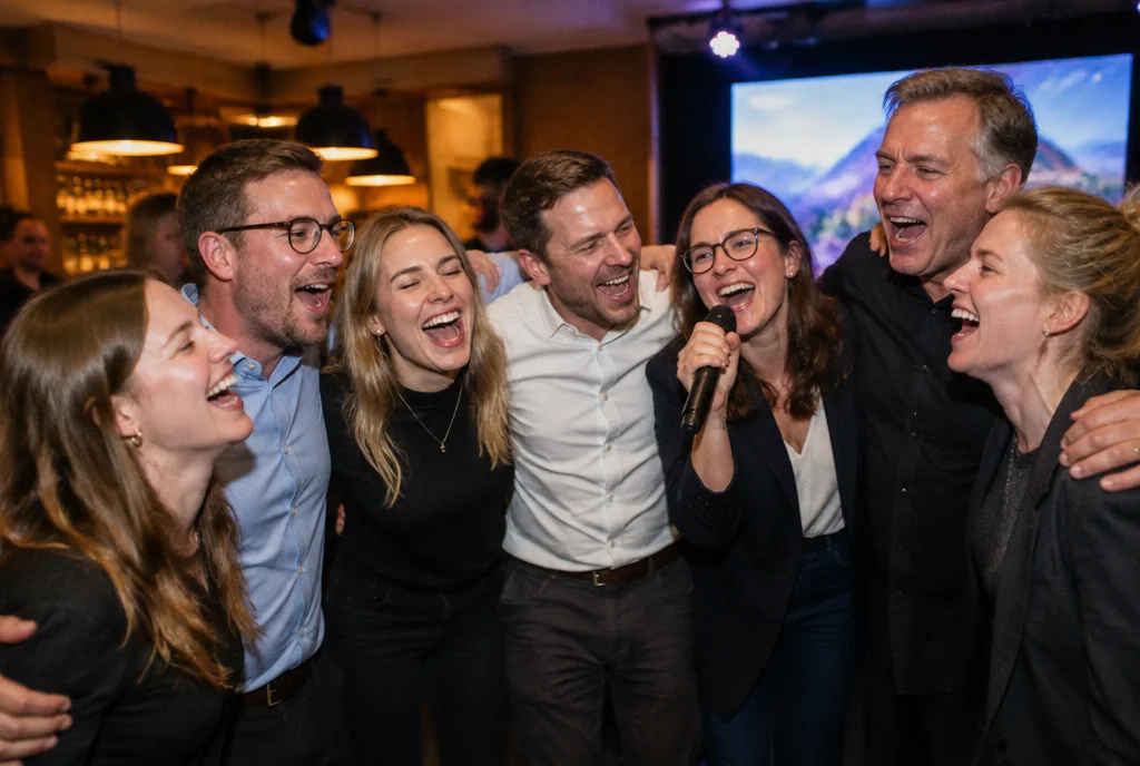 Group singing karaoke together at a corporate event, laughing (AI-generated)