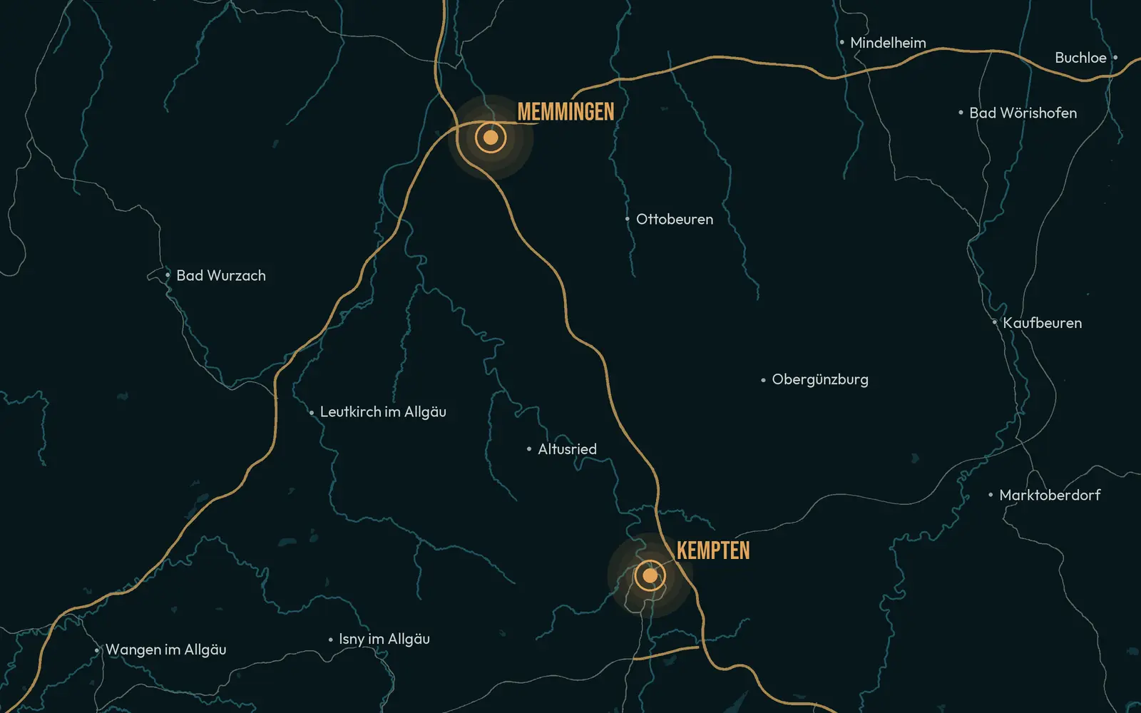 Karte der Region Allgäu mit den Städten und Landkreisen