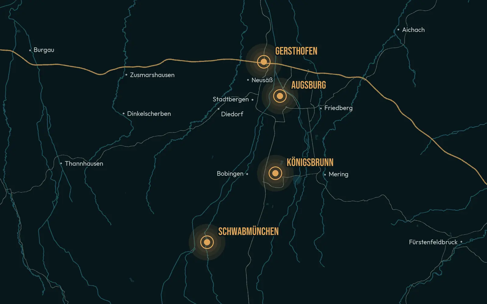 Map of the Augsburger Land & Lechfeld region with the cities and districts