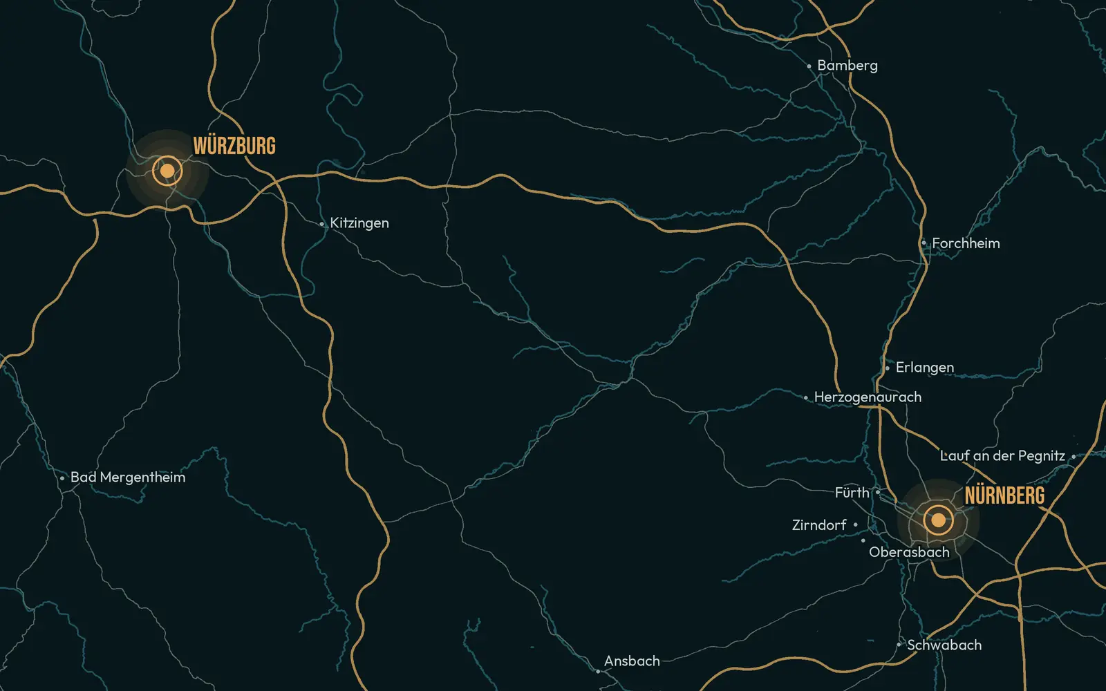 Map of the Franconia region with the cities and districts