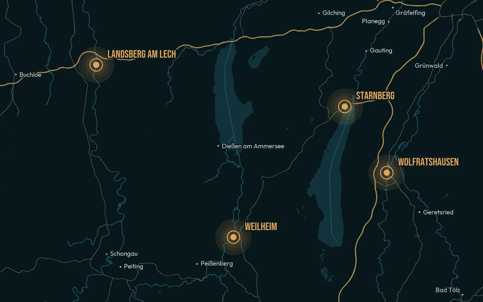 Karte der Region Fünfseenland & Pfaffenwinkel mit den Städten und Landkreisen