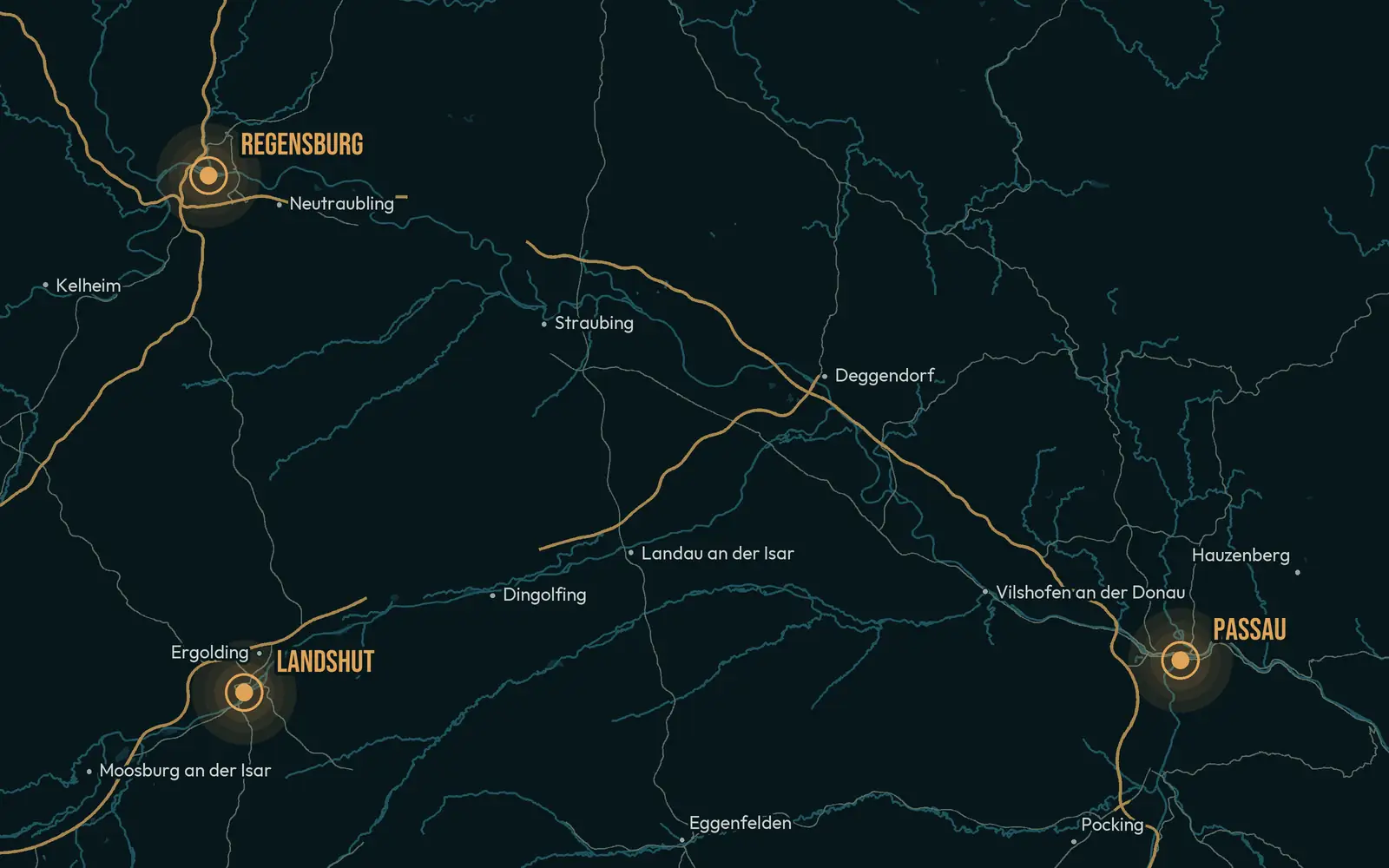 Map of the Ostbayern region with its towns and districts