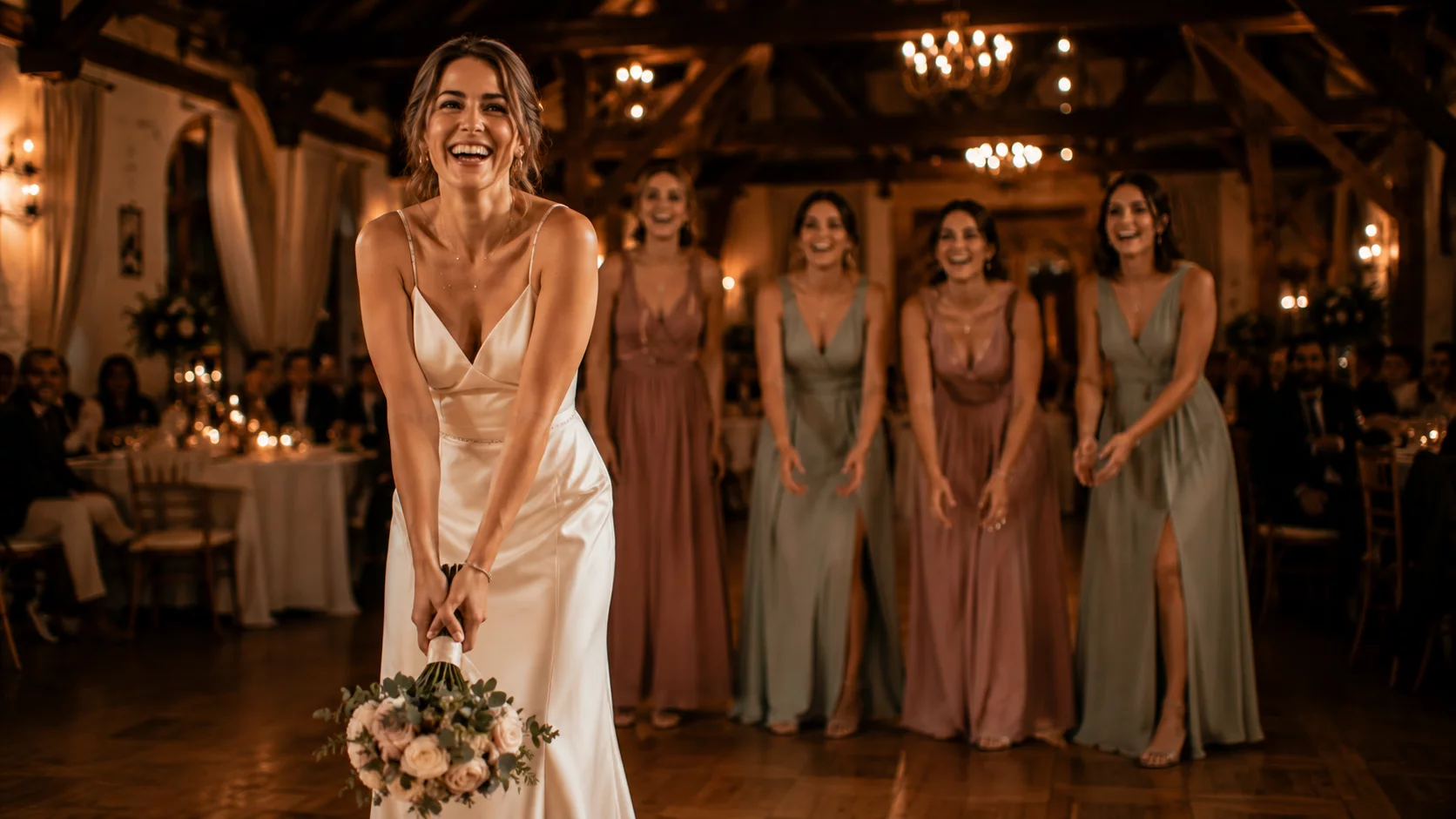 Gruppe unverheirateter Frauen auf Hochzeit streckt Hände nach Brautstrauß aus, Partylicht, Bayern