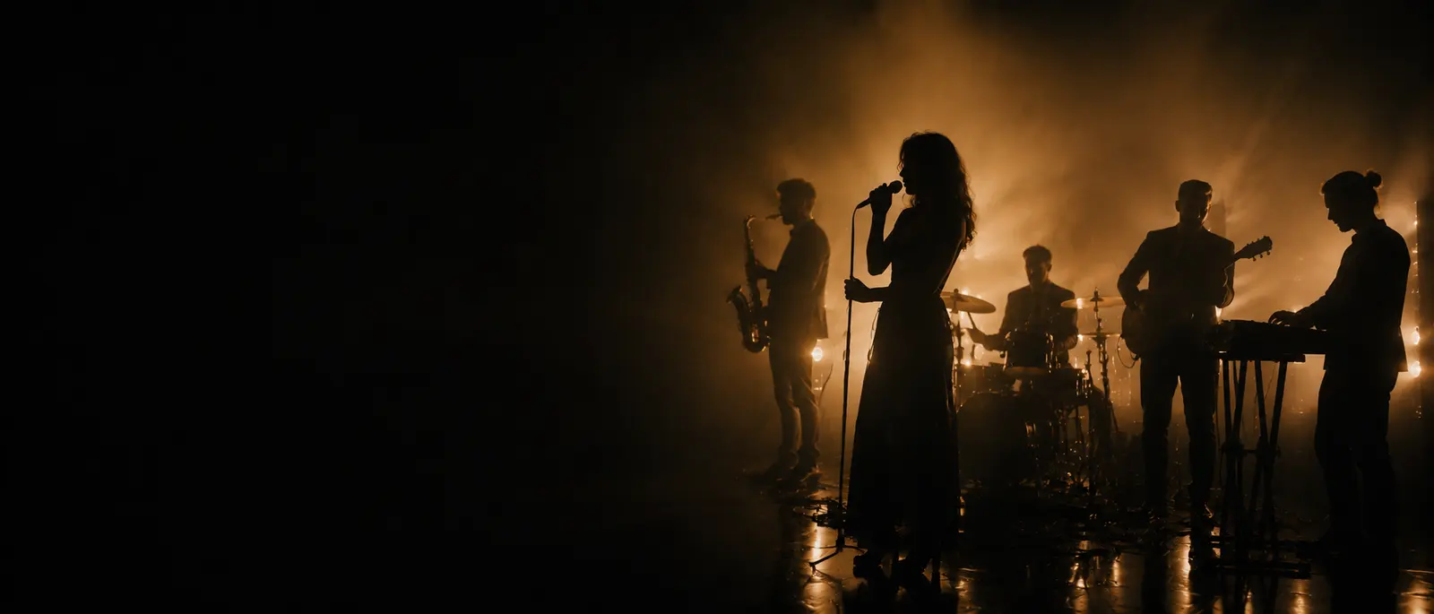 Band mit Sängerin und Musikern als Silhouetten im Bühnenlicht