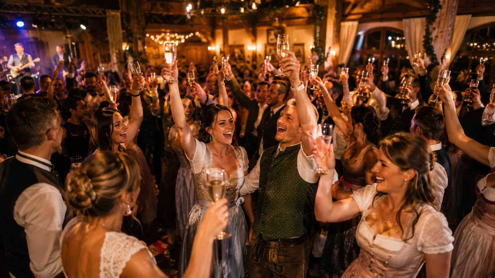 Vollbesetzte Tanzfläche auf einer Hochzeit in München mit warmen Lichterketten und tanzenden Gästen