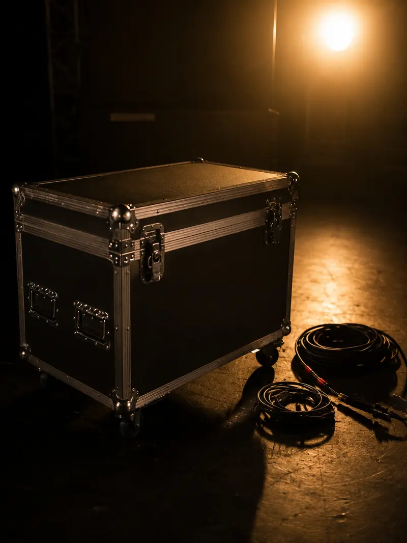 Flightcase mit Kabeln im Bühnenlicht