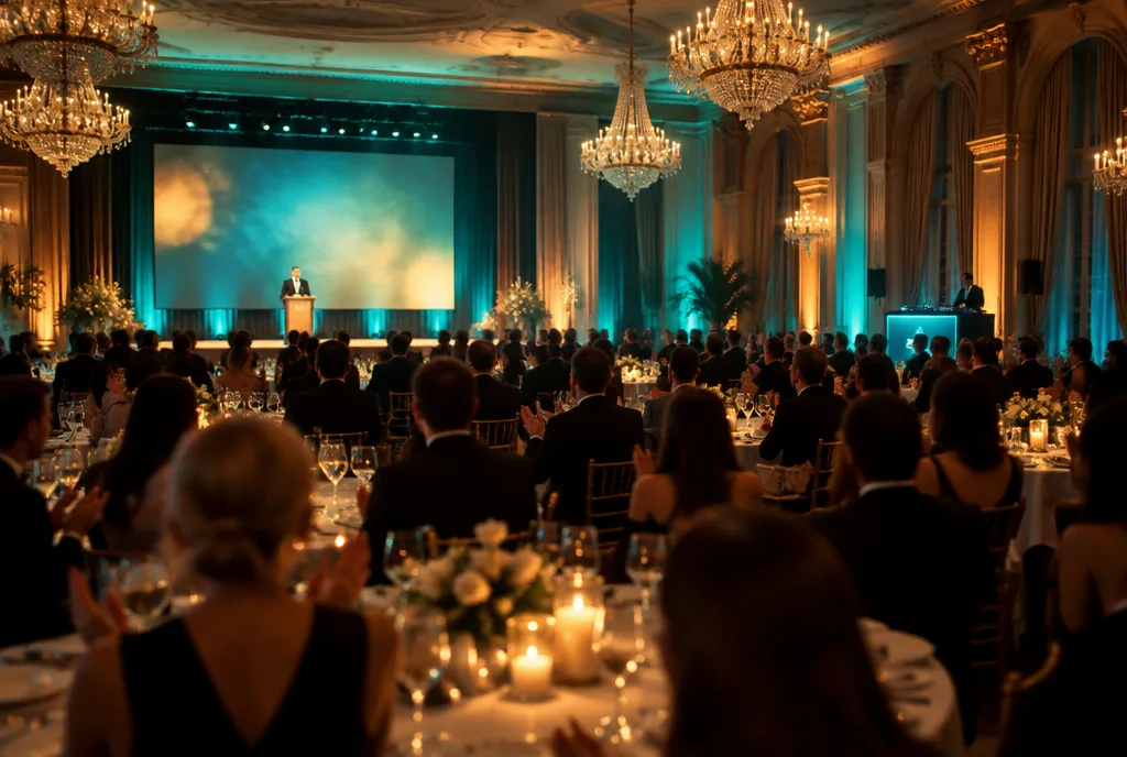 Gala ballroom with stage, set tables and DJ booth
