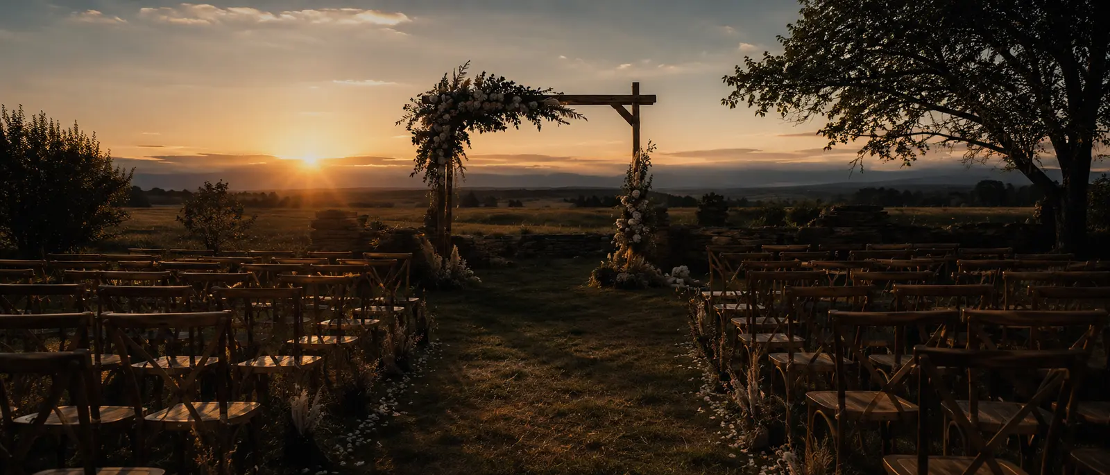 Traubogen und Stuhlreihen im Freien bei Sonnenuntergang
