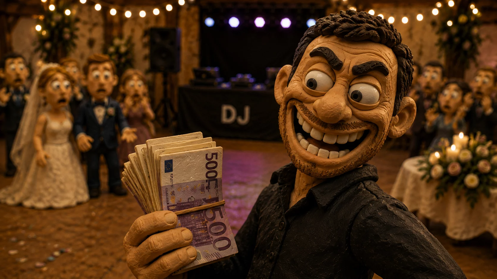 Claymation-Szene: Betrüger-DJ-Knetfigur lacht sich ins Fäustchen, mit Geldschein-Bündel in der Hand, unscharfe Event-Knetfiguren im Hintergrund