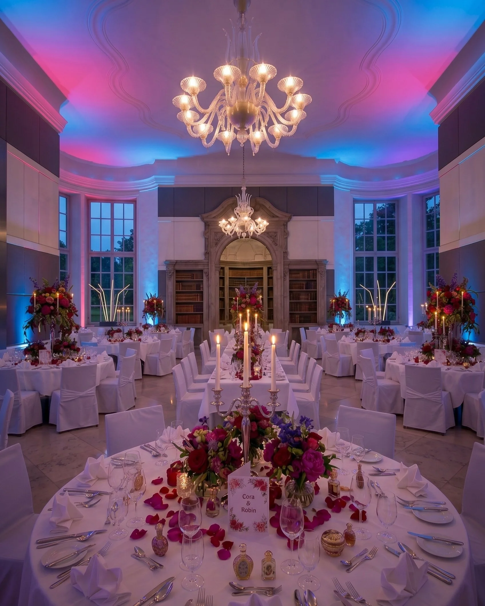 Uplights pink blau Hochzeitslocation